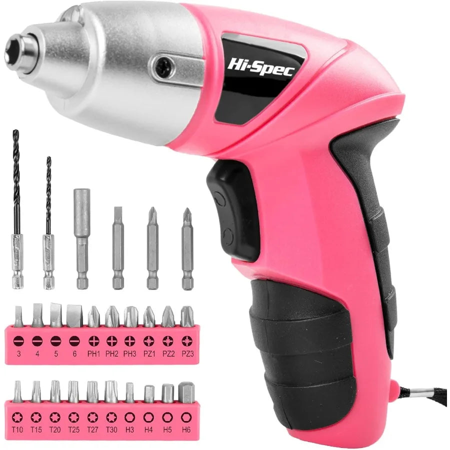 Cordless Rechargeable Electric Screwdriver 27pc Set in Pink with USB Charging Compact 3.6V Power Tool for Precision DIY Project