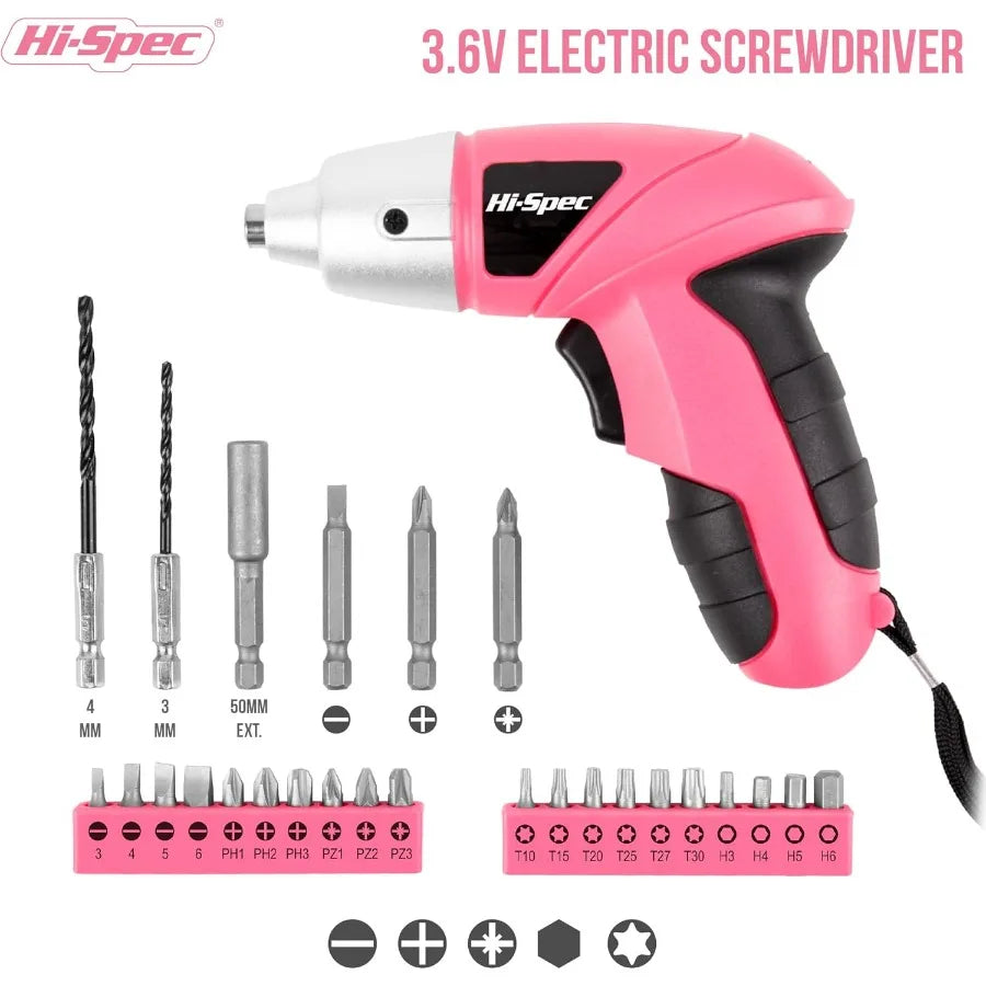 Cordless Rechargeable Electric Screwdriver 27pc Set in Pink with USB Charging Compact 3.6V Power Tool for Precision DIY Project