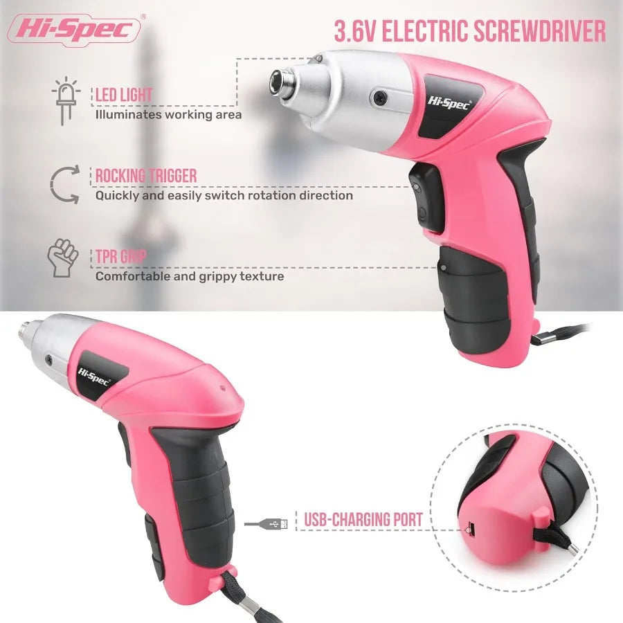 Cordless Rechargeable Electric Screwdriver 27pc Set in Pink with USB Charging Compact 3.6V Power Tool for Precision DIY Project