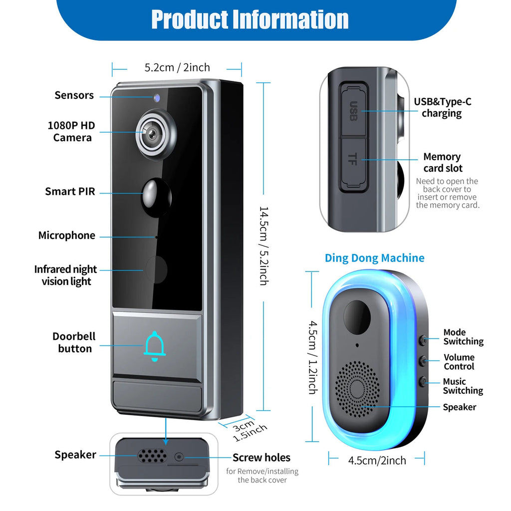 Wireless Smart Video Doorbell, WiFi home Security Camera, Two-way Audio, Night Vision, Battery,Home Burglar Alarm