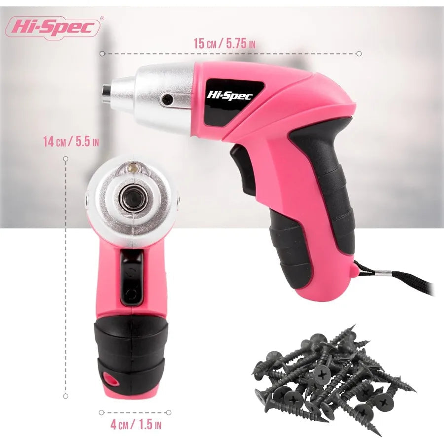 Cordless Rechargeable Electric Screwdriver 27pc Set in Pink with USB Charging Compact 3.6V Power Tool for Precision DIY Project