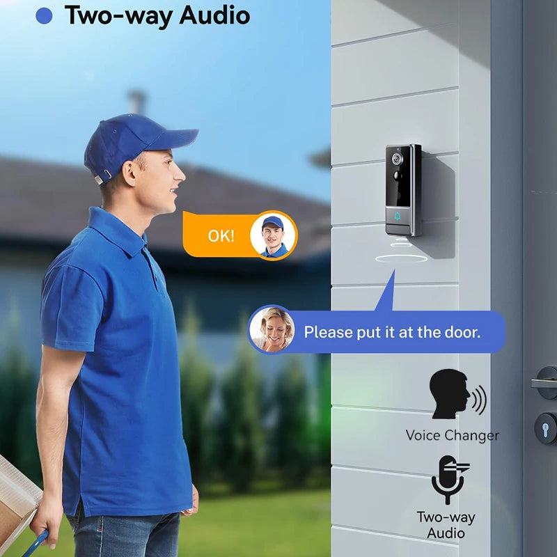 Wireless Smart Video Doorbell, WiFi home Security Camera, Two-way Audio, Night Vision, Battery,Home Burglar Alarm